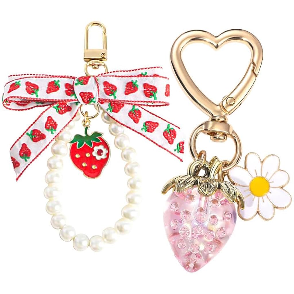 PALAY® 2Pcs Strawberry Keychain & Bag Charm Bow Pearl Beaded Bag Charm, Golden Metal Heart-shape Carabiner Acrylic Strawberry Keychain Charm Gift for Girls Decorative Charm for Keychain, Bag PALAY® 2Pcs Strawberry Keychain & Bag Charm Bow Pearl Beaded Bag Charm, Golden Metal Heart-shape Carabiner Acrylic Strawberry Keychain Charm Gift for Girls Decorative Charm for Keychain, Bag